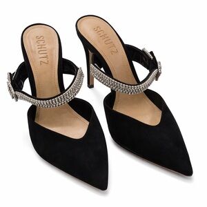Schutz Tishara Rhinestone Buckle Mule Heels Black Suede Pointed Toe Size 7.5